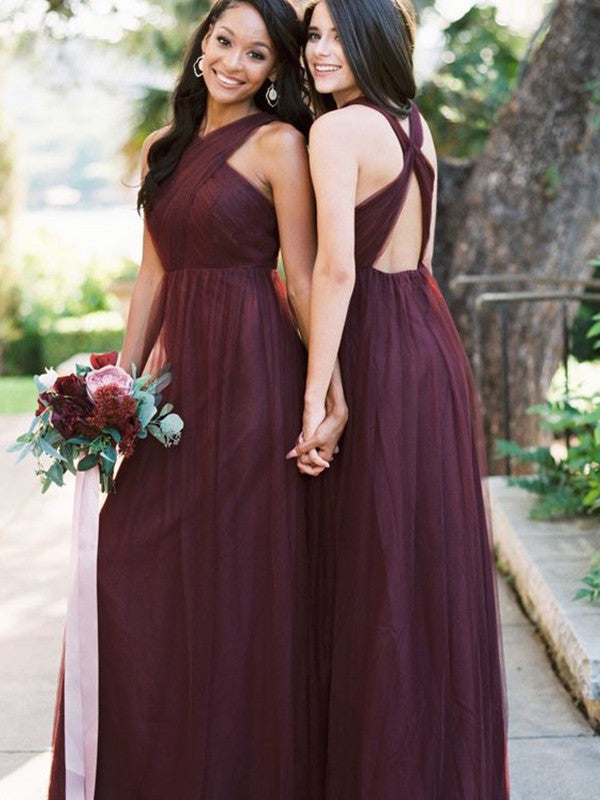 Wholesale A-Line/Princess Floor-Length Halter Tulle Sleeveless Ruffles Bridesmaid Dresses